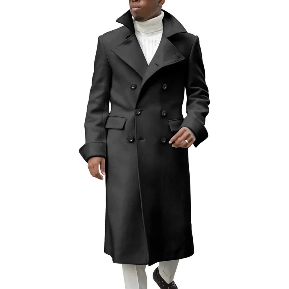Men's Black Notch Lapel Double Breasted Long Trench Coat Cotton Blend Pea coat
